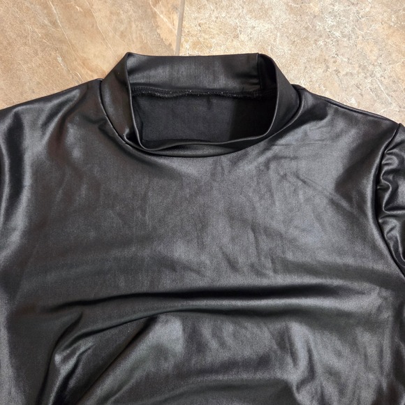 Black Faux Leather Mock Neck Ruched Long Sleeve Bodycon Mini Dress Womens S - Picture 5 of 6